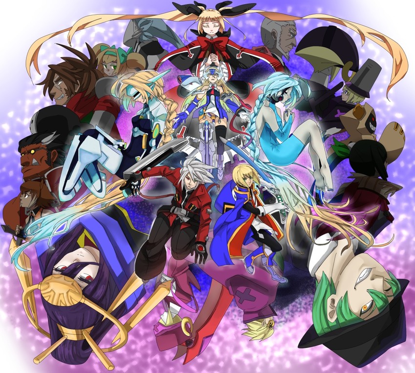 makoto nanaya, ragna the bloodedge, nu-13, rachel alucard, taokaka, and 17 more (blazblue and 1 more) drawn by jerun