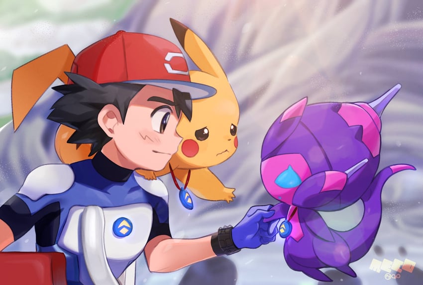 pikachu, ash ketchum, and poipole (pokemon and 1 more) drawn by abe_(kumayu)
