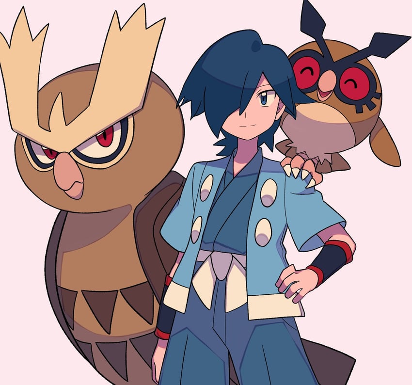 falkner, hoothoot, and noctowl (pokemon and 1 more) drawn by tyako_089