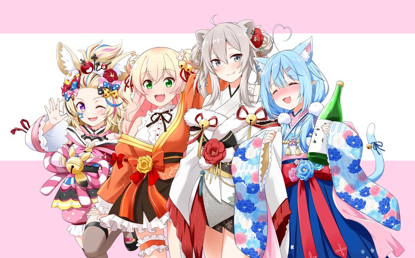 yukihana lamy, shishiro botan, omaru polka, and momosuzu nene (hololive) drawn by felutiahime