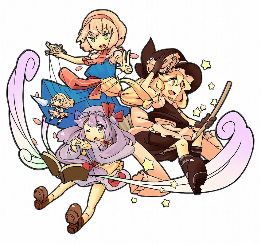 kirisame marisa, alice margatroid, patchouli knowledge, and shanghai doll (touhou) drawn by hisui_(kimochi)