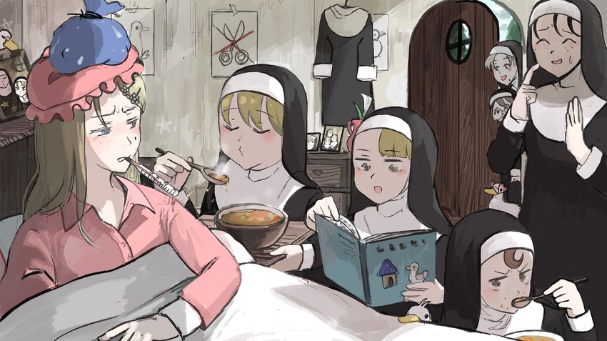 clumsy nun, froggy nun, spicy nun, strict nun, glasses nun, and 3 more (little nuns) drawn by diva_(hyxpk)