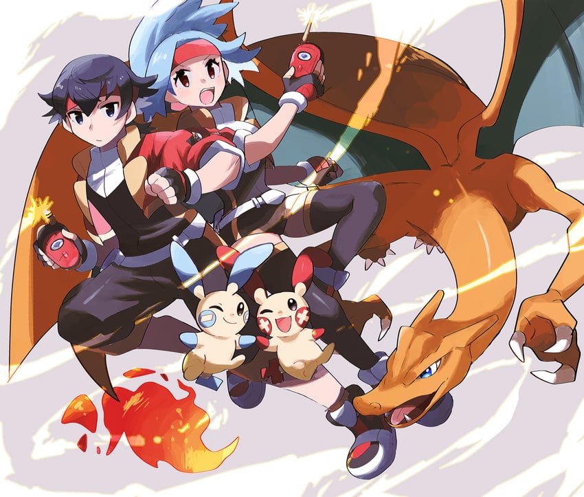 charizard, minun, plusle, solana, and lunick (pokemon and 1 more) drawn by anidler91