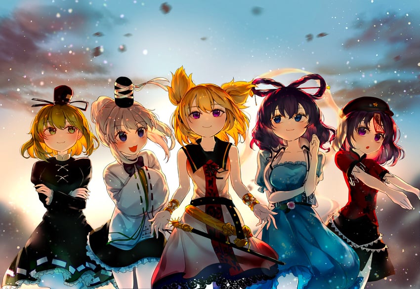 toyosatomimi no miko, mononobe no futo, kaku seiga, miyako yoshika, and soga no tojiko (touhou) drawn by itsumizu