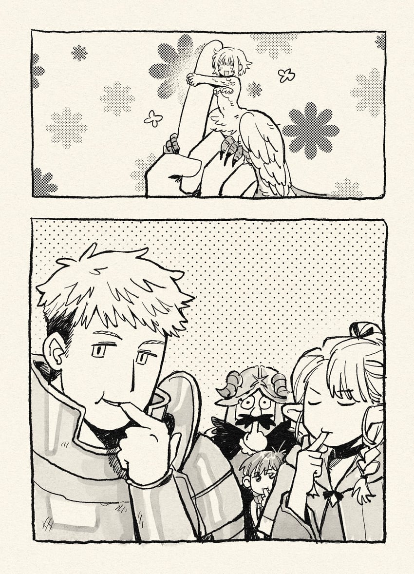 marcille donato, falin touden, laios touden, senshi, and chilchuck tims (dungeon meshi) drawn by 79x_(ox79xo)