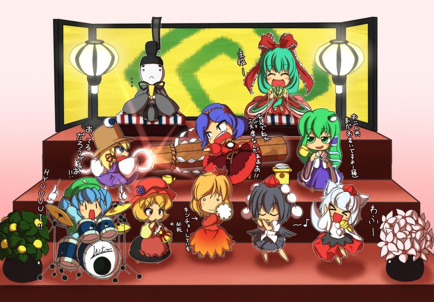 kochiya sanae, shameimaru aya, inubashiri momiji, moriya suwako, kawashiro nitori, and 4 more (touhou and 1 more) drawn by bontoro