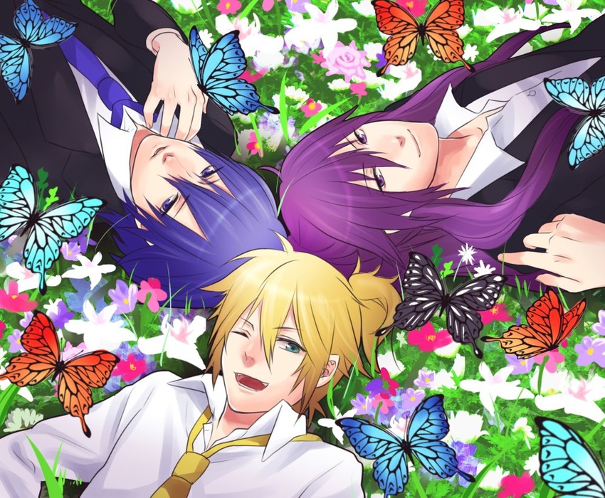 kagamine len, kaito, and kamui gakupo (vocaloid) drawn by fujiwara_ryo_(wsise47)