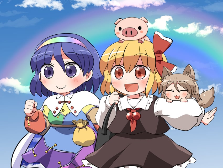 rumia, kudamaki tsukasa, and tenkyuu chimata (touhou) drawn by rokugou_daisuke