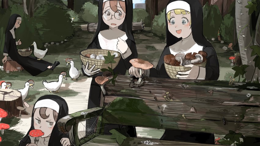 clumsy nun, froggy nun, spicy nun, and glasses nun (little nuns) drawn by diva_(hyxpk)