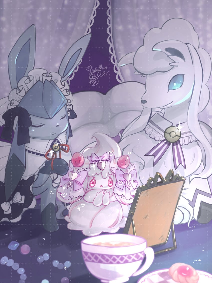 glaceon, alcremie, and alolan ninetales (pokemon and 1 more) drawn by kabin_(kabin_ichirin)