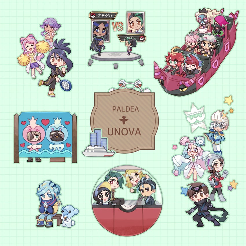 iono, rika, juliana, florian, nemona, and 20 more (pokemon and 1 more) drawn by huan_li