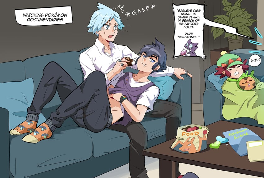 charizard, steven stone, chespin, sableye, mega charizard x, and 2 more (pokemon and 1 more) drawn by goro_orb