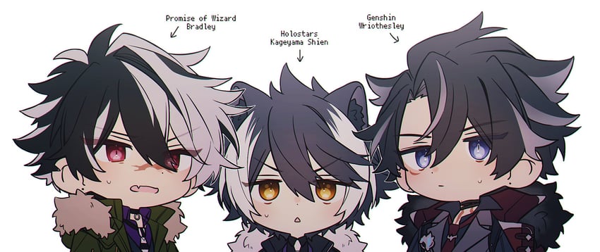 wriothesley, kageyama shien, and bradley bain (genshin impact and 2 more) drawn by coojisan