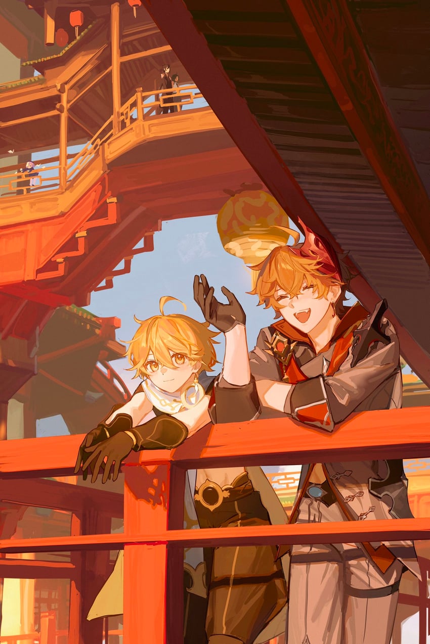 aether, zhongli, tartaglia, xiao, and qiqi (genshin impact) drawn by yurayura_(mdeh5447)