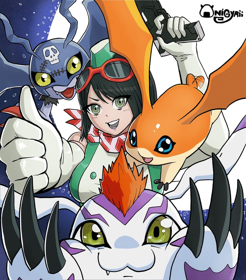 patamon, gomamon, picodevimon, and yuuki kanan (digimon and 1 more) drawn by onigyrii