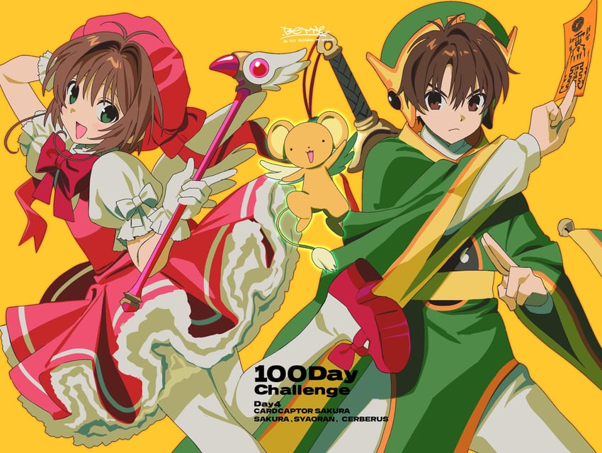 kinomoto sakura, kero, and li syaoran (cardcaptor sakura) drawn by betti_(xx_betti)