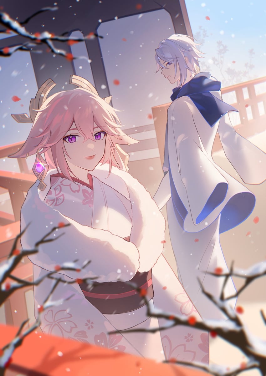yae miko and kamisato ayato (genshin impact) drawn by hanaki_yuu