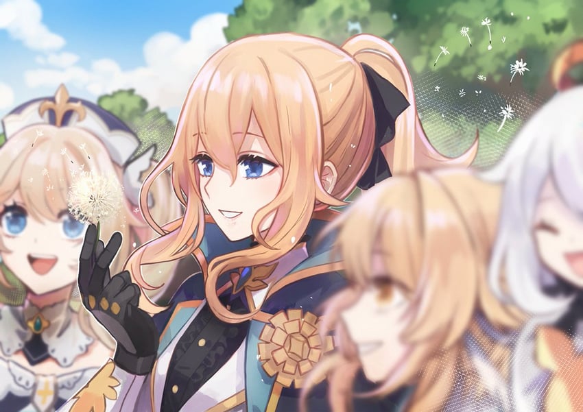 lumine, paimon, barbara, and jean (genshin impact) drawn by hakamii