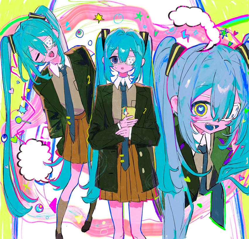 hatsune miku (vocaloid and 1 more) drawn by lelebus