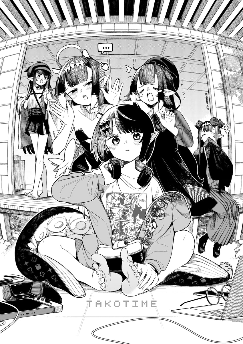 mori calliope, ninomae ina'nis, takanashi kiara, watson amelia, takodachi, and 1 more (hololive and 1 more) drawn by num_(angrynum)
