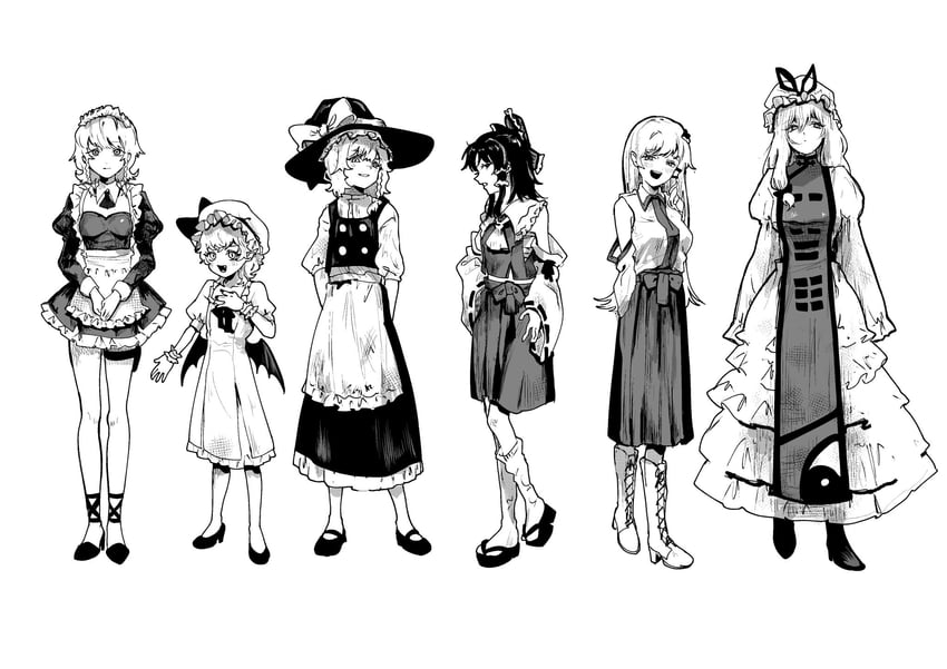 hakurei reimu, kirisame marisa, remilia scarlet, izayoi sakuya, kochiya sanae, and 1 more (touhou) drawn by sokura_(mochichitose)