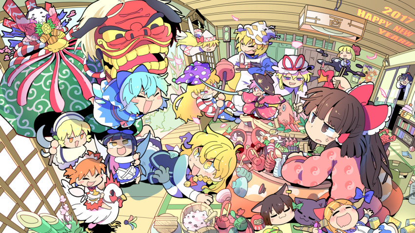 hakurei reimu, kirisame marisa, cirno, yakumo yukari, shameimaru aya, and 11 more (touhou) drawn by moyazou_(kitaguni_moyashi_seizoujo)