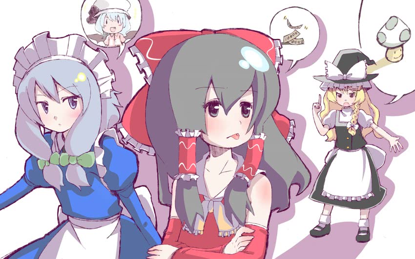hakurei reimu, kirisame marisa, remilia scarlet, and izayoi sakuya (touhou) drawn by numako