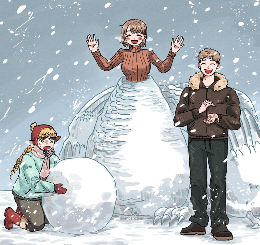 marcille donato, falin touden, and laios touden (dungeon meshi) drawn by janbanclear