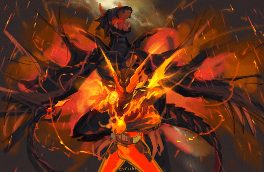 kamen rider cross-z and kamen rider cross-z magma (kamen rider and 1 more) drawn by mooopl