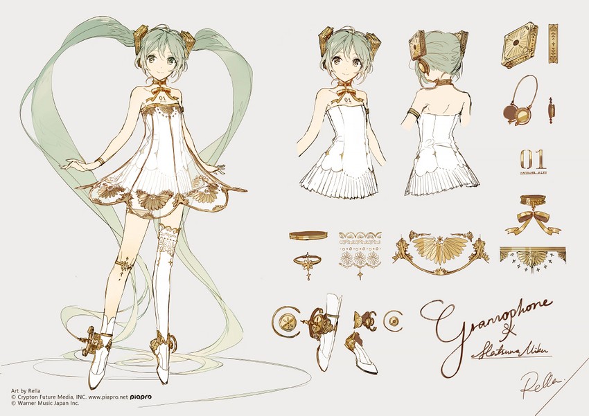 hatsune miku and gramophone miku (vocaloid and 1 more) drawn by rella