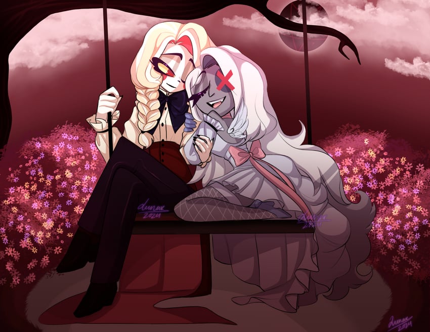 charlie morningstar and vaggie (hazbin hotel) drawn by lunarvieghts