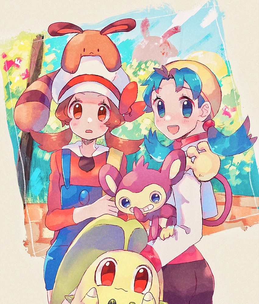 lyra, kris, chikorita, sentret, and aipom (pokemon and 2 more) drawn by hanenbo