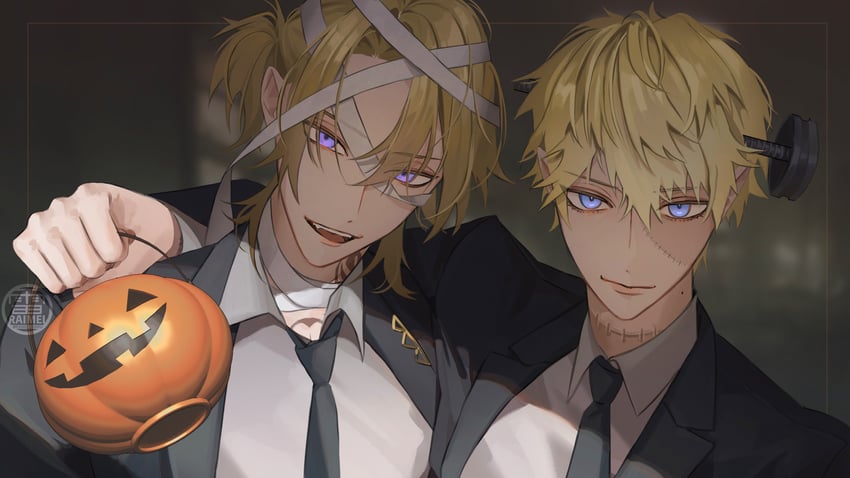 frankenstein's monster, luca kaneshiro, and sonny brisko (nijisanji and 1 more) drawn by raimei_naru