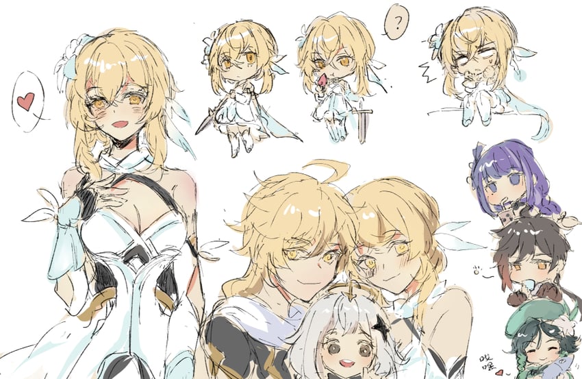 lumine, raiden shogun, aether, zhongli, venti, and 1 more (genshin impact) drawn by lillianxy417