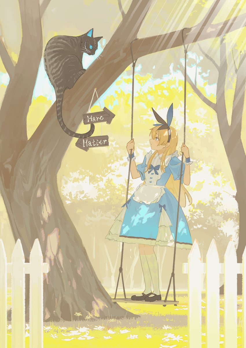 alice and cheshire cat (alice's adventures in wonderland) drawn by wakuseiy