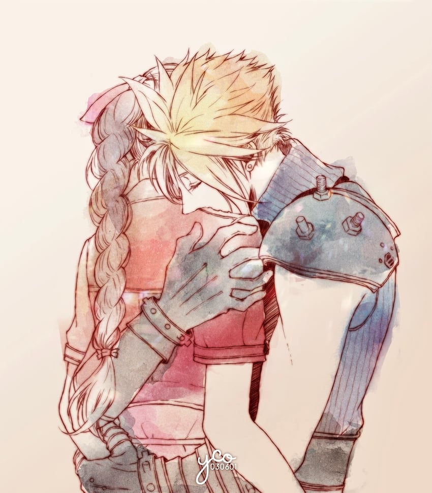 cloud strife and aerith gainsborough (final fantasy and 2 more) drawn by yco_030601