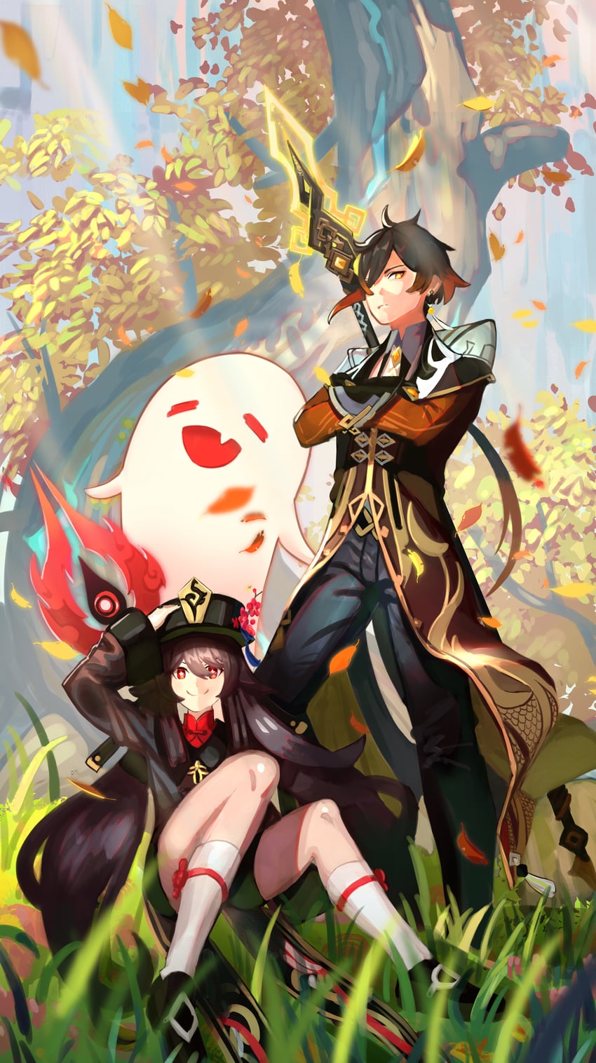 hu tao, zhongli, and boo tao (genshin impact) drawn by shiozawahoushou