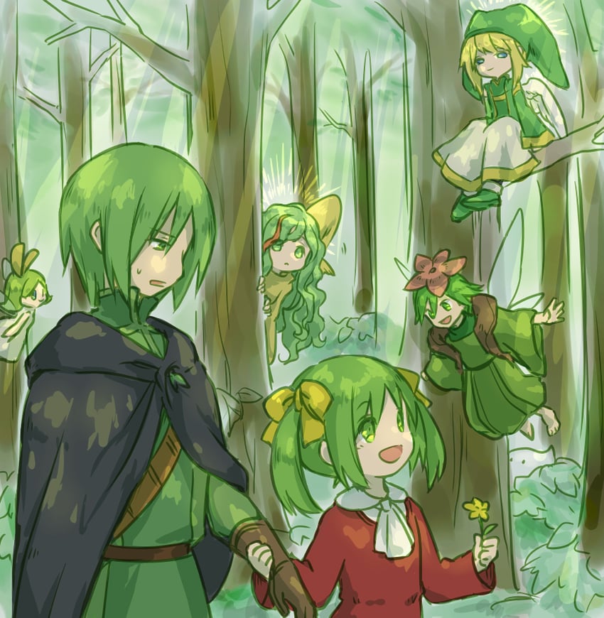 kumiromi of harvest, younger sister, jure of healing, cute fairy, putit, and 2 more (elona) drawn by 35yado
