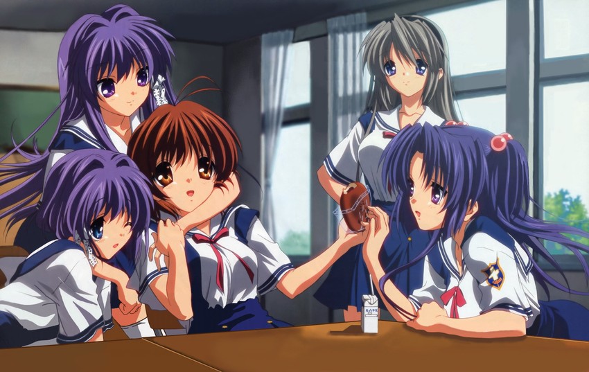 furukawa nagisa, fujibayashi kyou, sakagami tomoyo, ichinose kotomi, and fujibayashi ryou (clannad) drawn by ikeda_kazumi