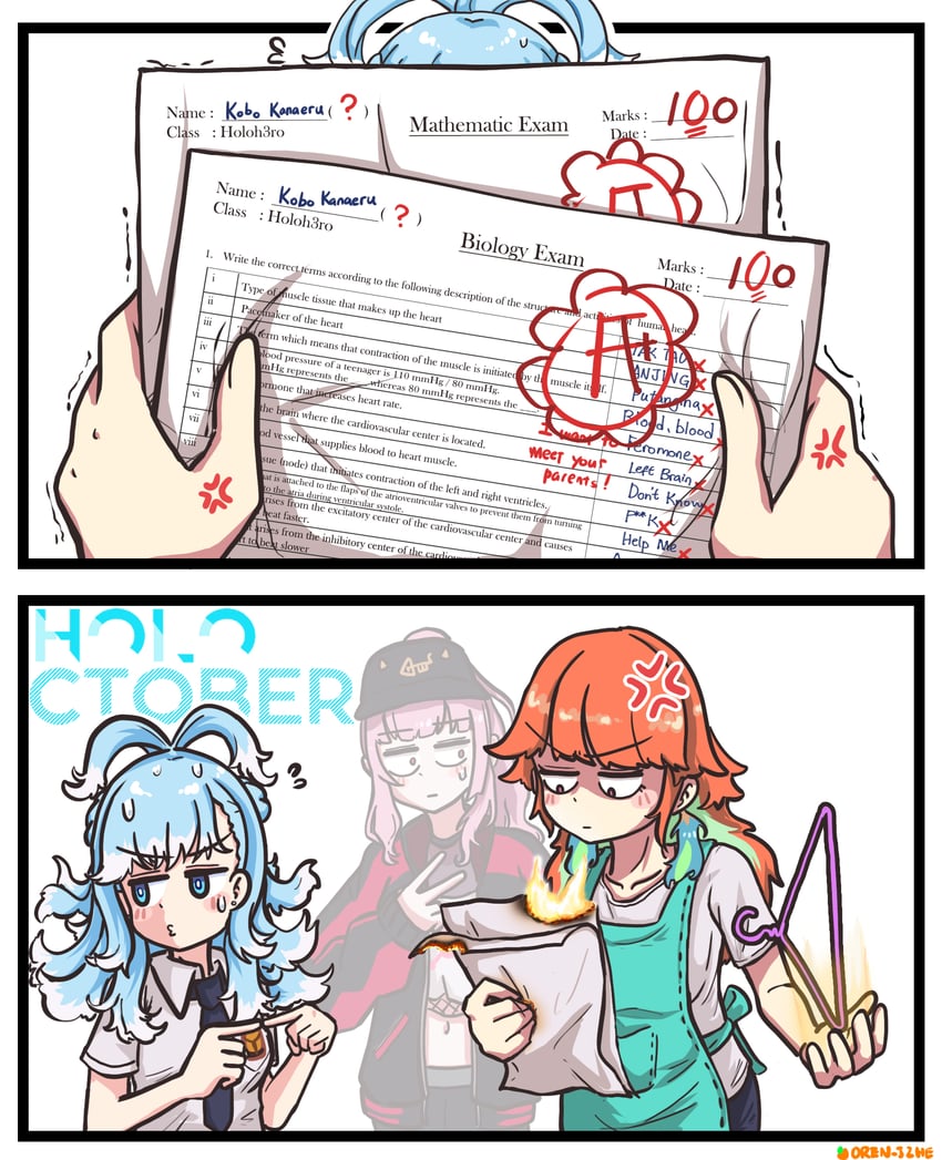 mori calliope, takanashi kiara, and kobo kanaeru (hololive and 2 more) drawn by orangejuicezhe