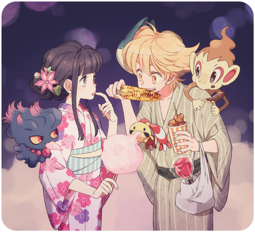 dawn, barry, misdreavus, chimchar, and chingling (pokemon and 1 more) drawn by komasawa_(fmn-ppp)