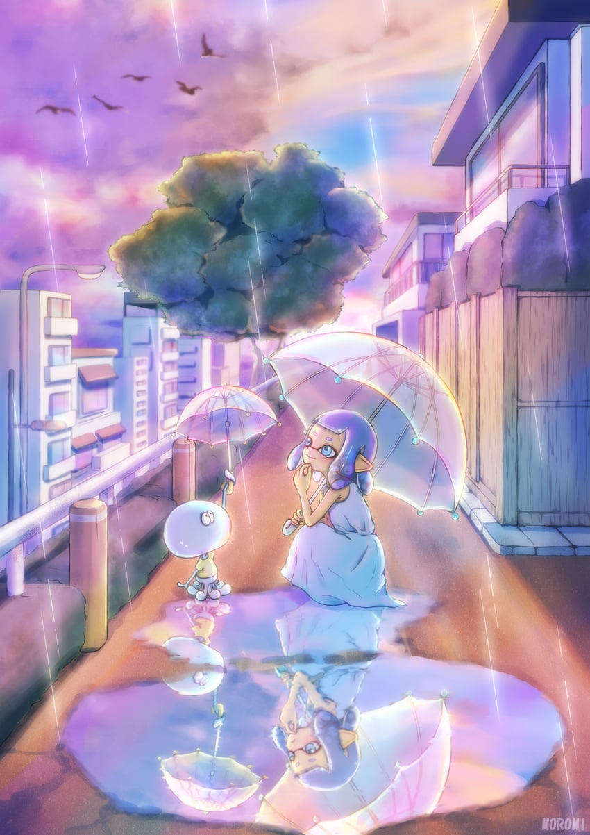 inkling player character, inkling girl, and jellyfish (splatoon) drawn by moromi_(kscd4482)