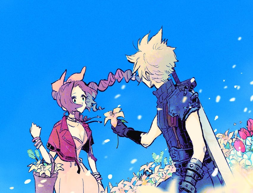 cloud strife and aerith gainsborough (final fantasy and 2 more) drawn by nobu_(25mark)