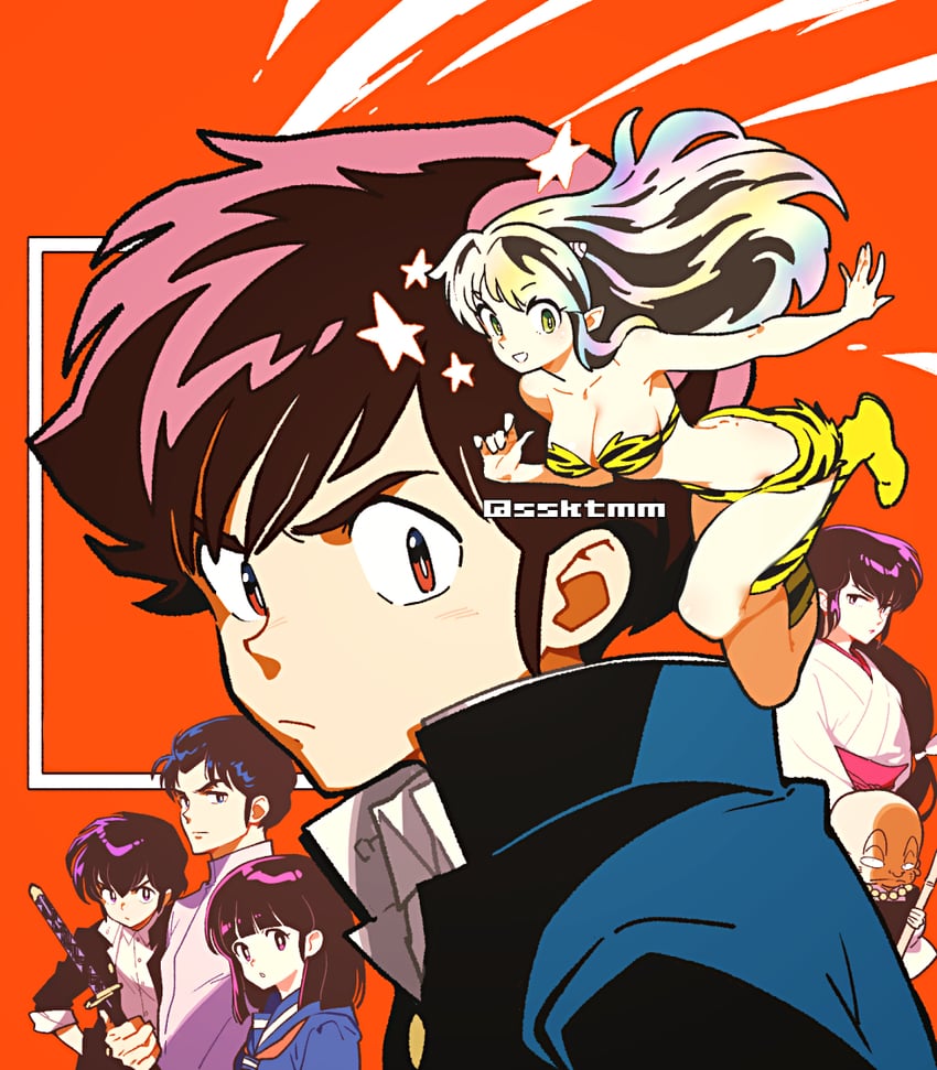 lum, moroboshi ataru, miyake shinobu, mendou shuutarou, fujinami ryuunosuke, and 2 more (urusei yatsura) drawn by sasaki_tomomi