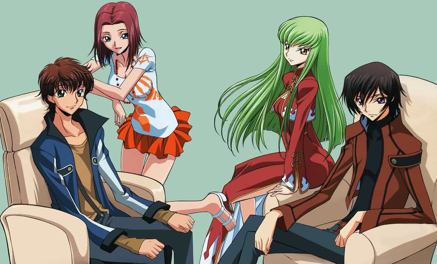 c.c., lelouch vi britannia, kouzuki kallen, and kururugi suzaku (code geass) drawn by sakamoto_shuuji