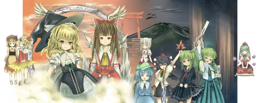hakurei reimu, kirisame marisa, kochiya sanae, shameimaru aya, inubashiri momiji, and 4 more (touhou and 2 more) drawn by shiki_shaku