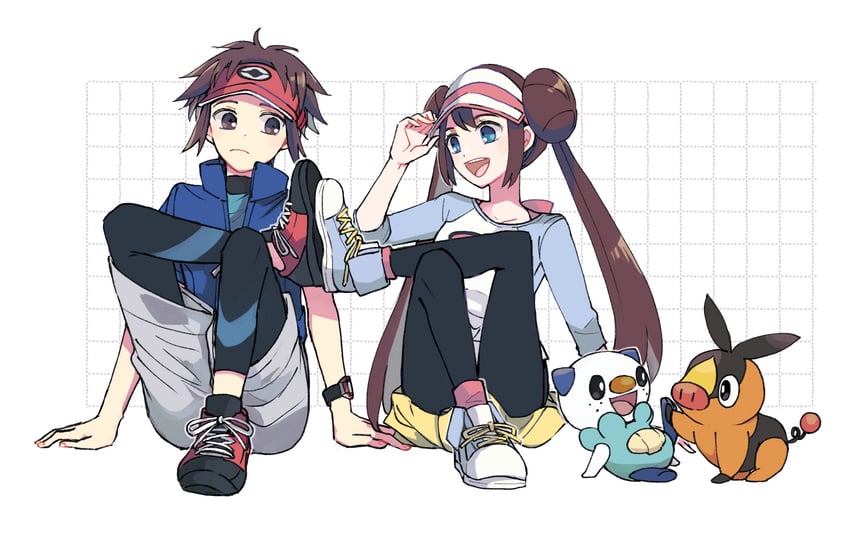 rosa, oshawott, tepig, and nate (pokemon and 1 more) drawn by atsumi_yoshioka