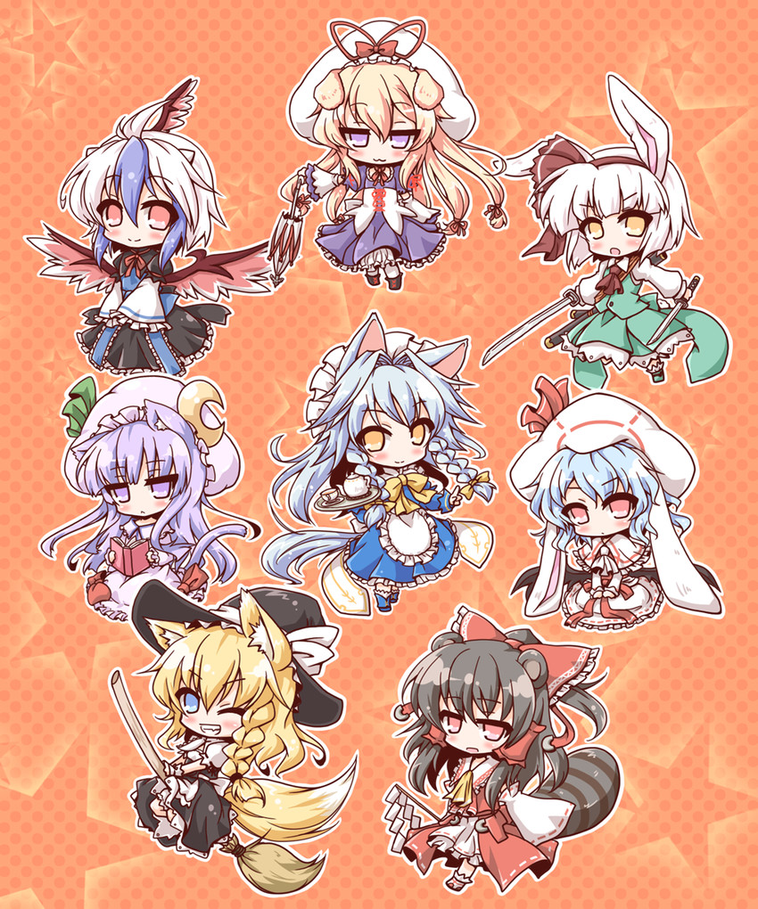 hakurei reimu, kirisame marisa, remilia scarlet, izayoi sakuya, konpaku youmu, and 3 more (touhou) drawn by neko_yume