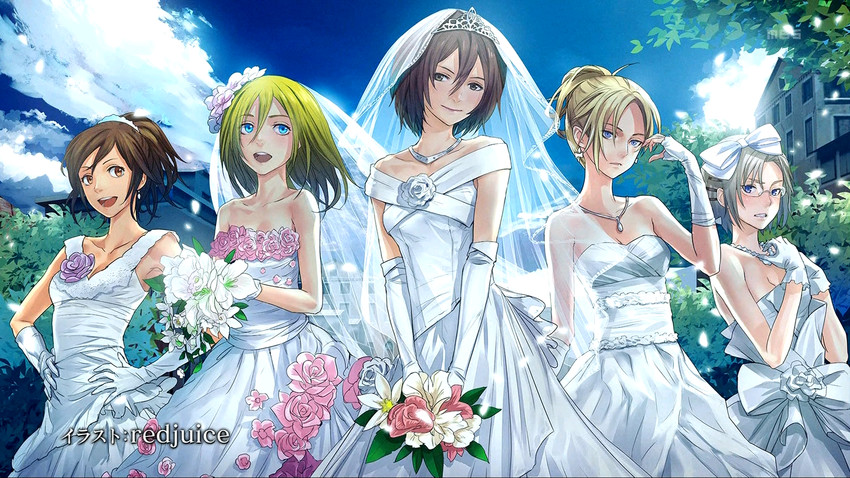 mikasa ackerman, krista lenz, annie leonhart, sasha blouse, and rico brzenska (shingeki no kyojin) drawn by redjuice