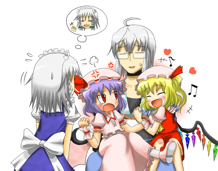 remilia scarlet, flandre scarlet, izayoi sakuya, and morichika rinnosuke (touhou) drawn by umihara